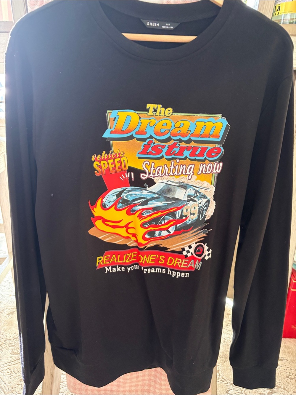 SHEIN Black Crewneck Sweatshirt with Multicolor Racing Graphic
